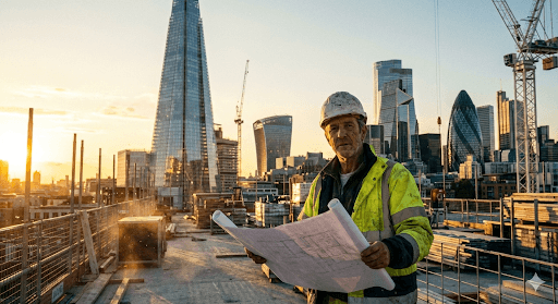 A CSCS general labourer carrying materials on a high-rise construction site with the London skyline in the background.