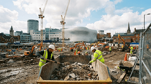 Construction labourers working on a regeneration project in Birmingham city centre near the Bullring.