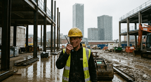 A general CSCS labourer Manchester inspecting a site plan in Manchester with high-rise buildings in the background.