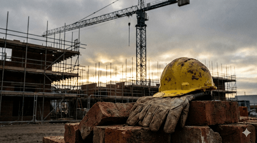 Hard hat and gloves resting on bricks at an empty UK construction site, representing the shortage of labourers.